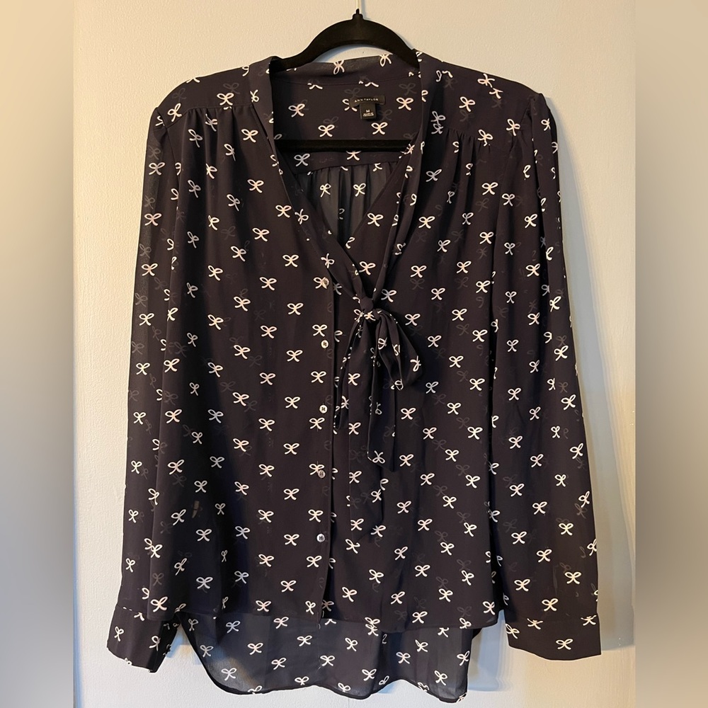 Ann Taylor sheer navy shirt with bows